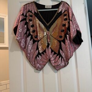 100% Silk Vintage-Sequin Butterfly Top - Pink & Gold
